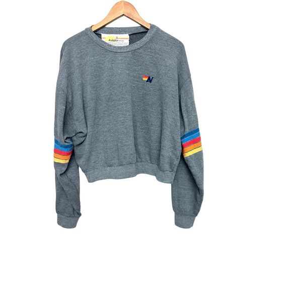 Aviator Nation Sweaters - WOMEN'S RAINBOW STITCH SLEEVE CREW SWEATSHIRT GRAY Sz: S